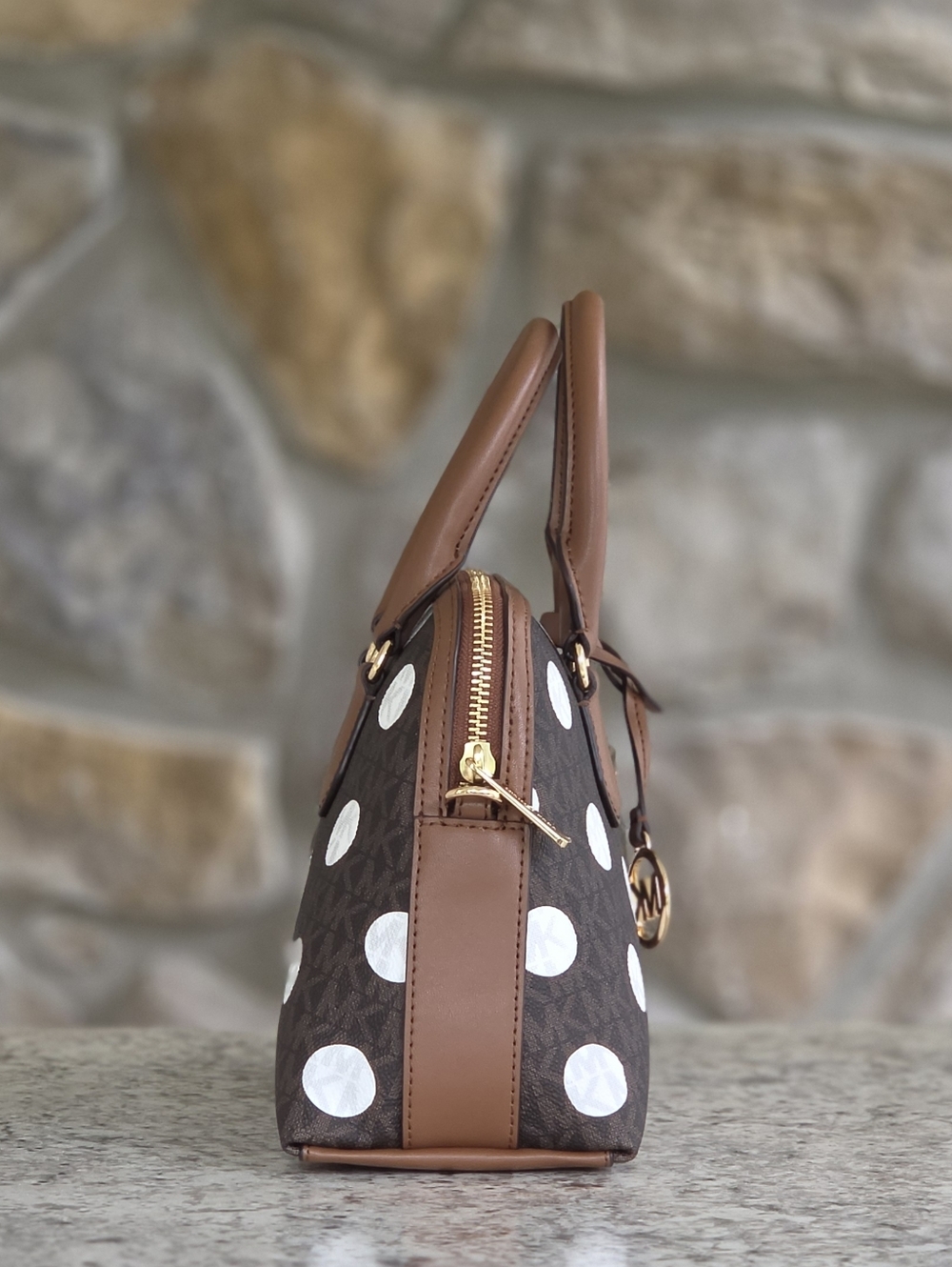Michael Kors Kiri Polka Dot Small Dome Brown Satchel - Picture 2 of 8